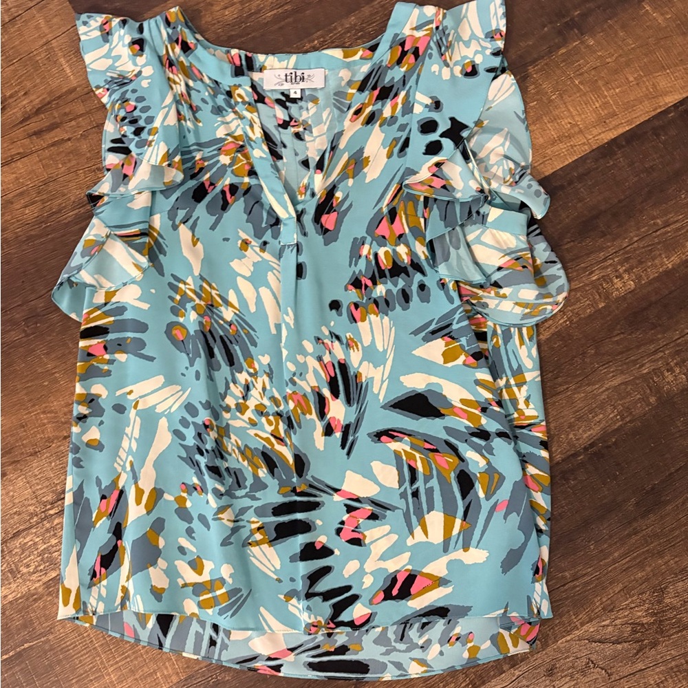 Tibi Blue Multicolor Ruffle Sleeve Camisole